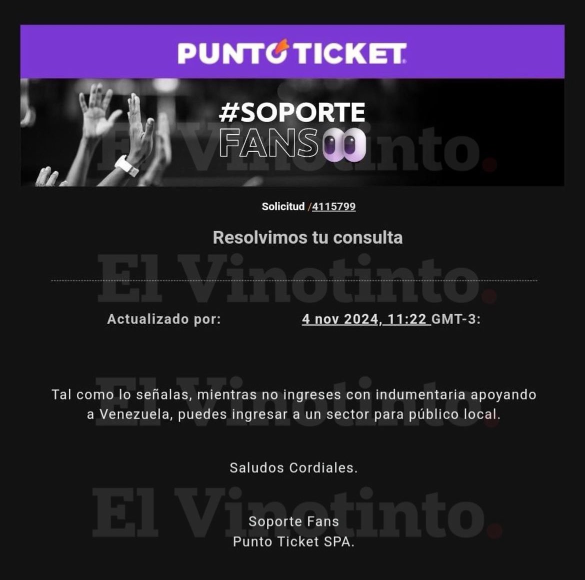 Si eres venezolano en Santiago puedes ir al estadio al Chile-Venezuela pero NO llevar indumentaria de la Vinotinto. 
En serio? Y por casualidad si Venezuela marca un gol se pueden gritar o eso tampoco está permitido?