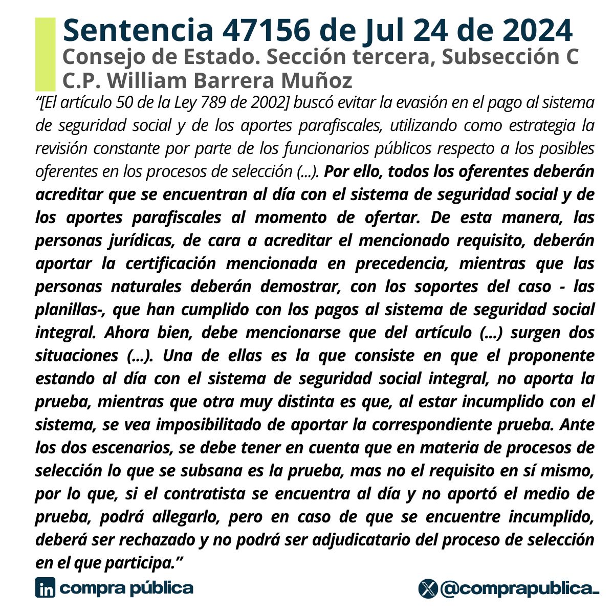 comprapublica_'s tweet photo. 🔤¿Es subsanable en un proceso de selección la certificación de pago de aportes parafiscales?

Consejo de Estado explica ampliamente alcance del art 50, Ley 789/2002: es posible. Se subsana prueba, pero no requisito de pago.

Descarga aquí👇
https://t.co/J4WA4sIZrw https://t.co/lgblA9GJd8