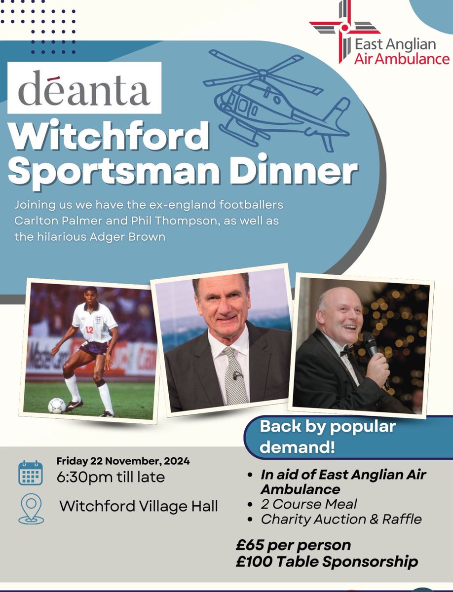 nigesmith10's tweet photo. Not long until our ever popular sell out annual sportsman dinner in aid of charity which this year is @EastAngliAirAmb we have Ex England Internationals @Phil_Thompson4 @CarltonPalmer and the excellent @adgerbrown massive thanks to sponsor @DeantaUK https://t.co/vumofK0Fj6