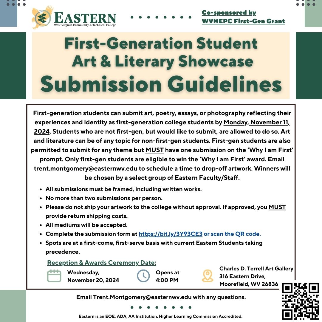 ewvctc's tweet image. The #EasternWV First-Generation Student Art &amp;amp; Literary Showcase—"Why I Am First"—is now accepting digital entries for the online gallery portion. This opportunity is open to all Eastern students! Learn more at bit.ly/4erTRqk.
#DiscoverEWV #firstgenstudents