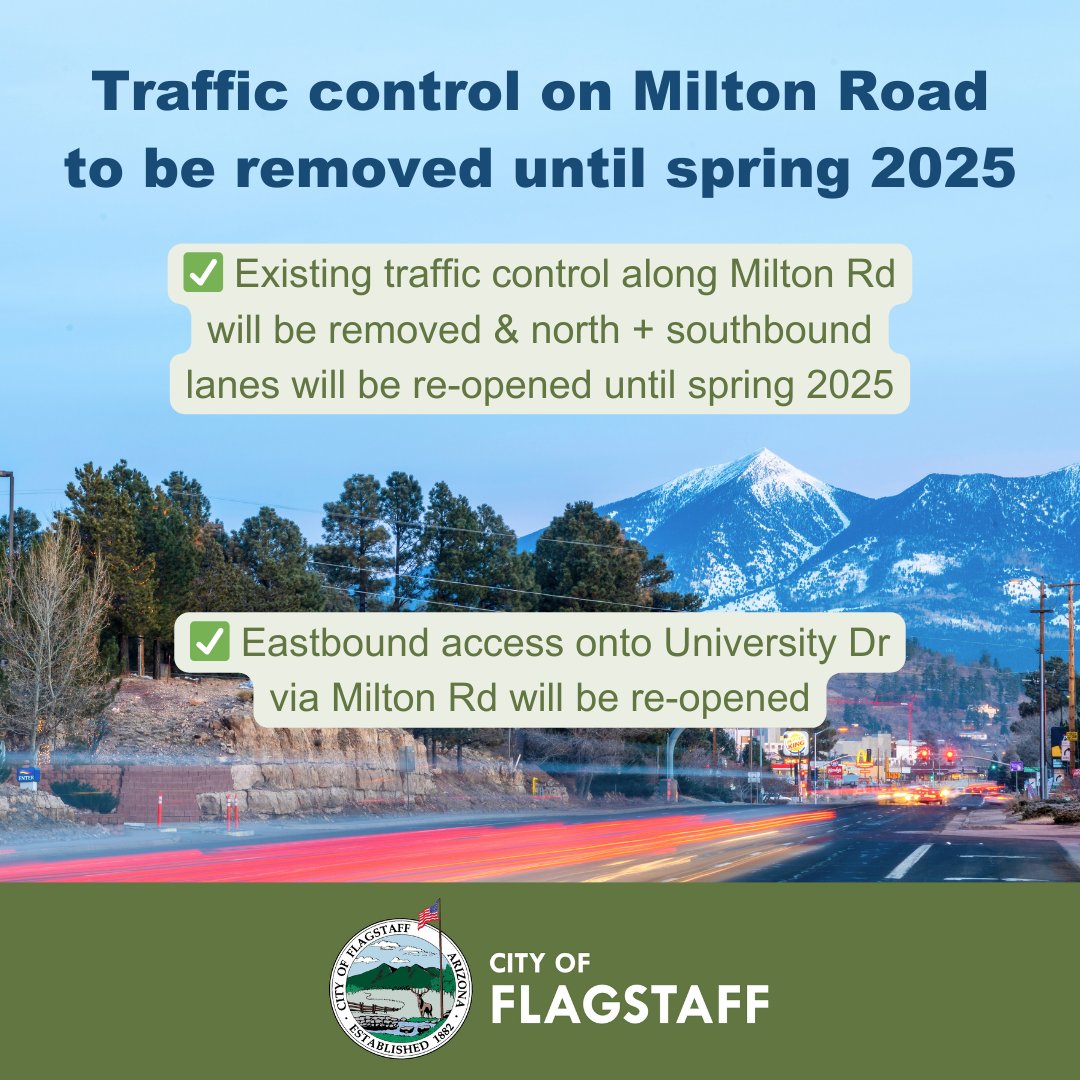 The City of Flagstaff and their contractor, Eagle Mountain Construction, along with the Arizona Department of Transportation, have finished installing the large concrete structures for the new Milton Road pedestrian underpass!

For more information, visit flagstaff.az.gov/CivicAlerts.as….