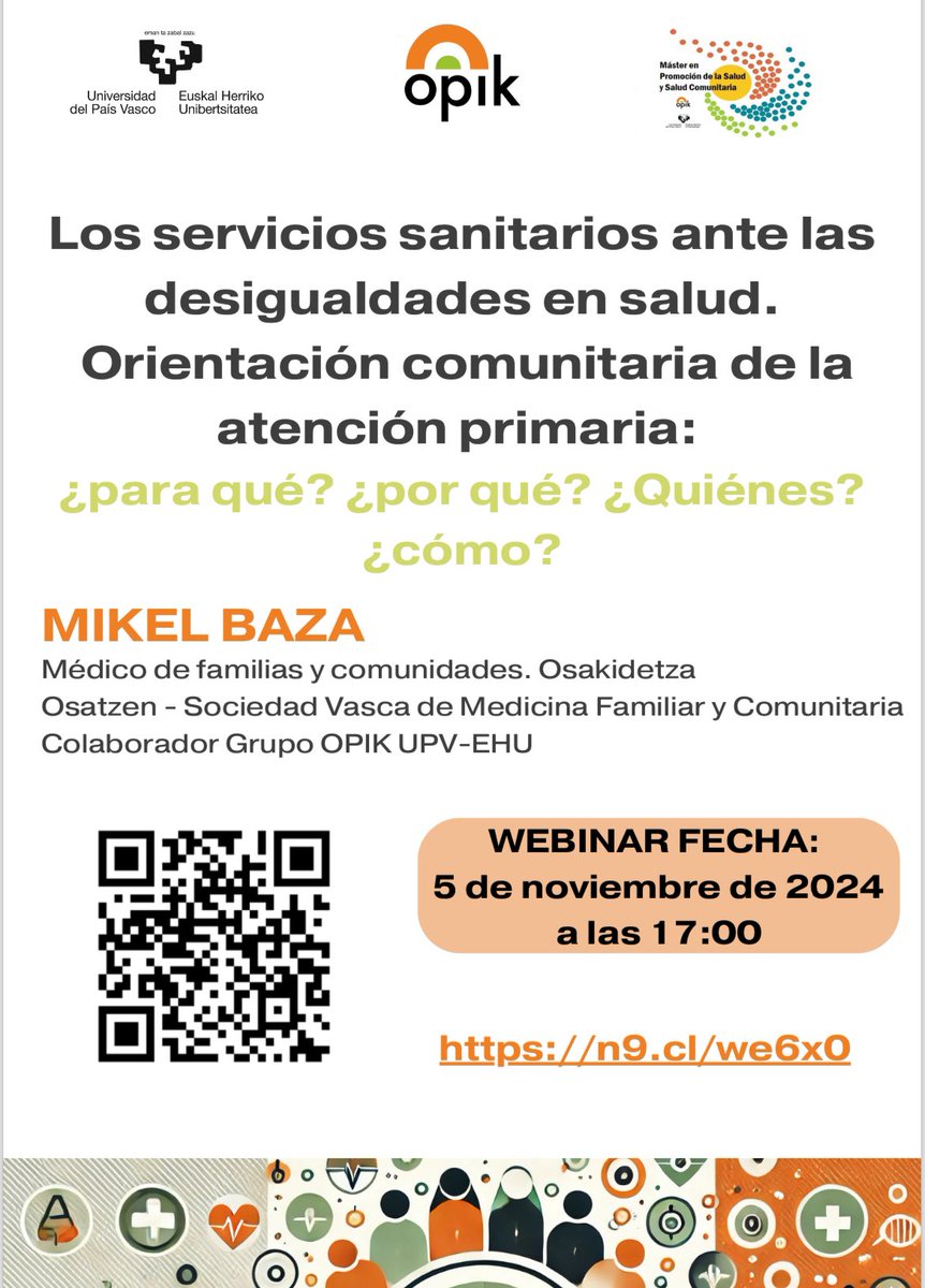 Opik_ikerketa's tweet image. Mañana 5/11 a las 17h no os perdáis el #webinar sobre #DesigualdadesSalud #SistemaSanitario y #AtenciónPrimaria by @mikelbaza 

El link👉🏽 n9.cl/we6x0