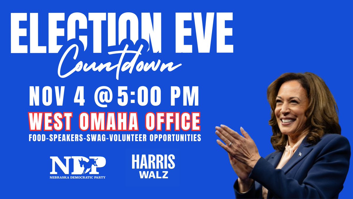 KamalaforNE's tweet photo. Join us for an Election Eve Countdown party this evening to thank supporters and celebrate the movement to elect @KamalaHarris as our next president! Sign up:
https://t.co/dQkK0dDBya https://t.co/gDzruWvF2R
