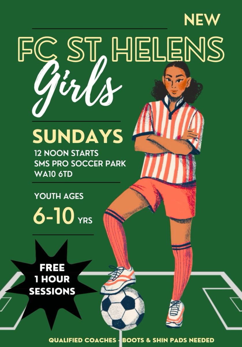 Starting this Sunday !! 10th November !!

A NEW GIRLS SECTION FOR FC ST HELENS !! 🔴⚪️

FREE 1 hour sessions for all girls 6 to 10 years old. 12 noon. Every Sunday.

FC Qualified coaches. Boots &amp; Shin Pads needed ⚽️

Meet at the Clubhouse. WA10 6TD 📌

#UpTheNewStripes #StHelens