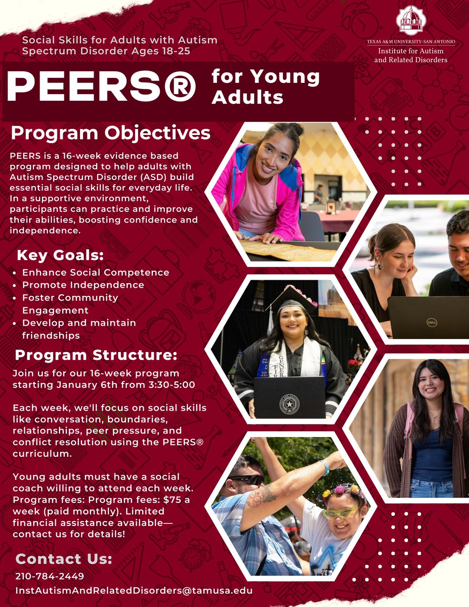 MinnerSarah's tweet photo. 🌟 PEERS® for Young Adults is coming to Texas A&amp;M-SA! 16-week program for young adults with Autism Spectrum Disorder (ASD) to build social skills, friendships &amp; confidence.

Starts Jan 7—limited spots! 📞 210-784-2449 | 📧 InstAutismAndRelatedDisorders@tamusa.edu
#SocialSkills https://t.co/wGSIMKRU3t