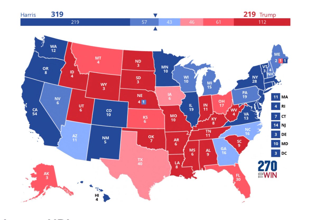 python480793's tweet image. This is my #final #USElection2024 map; let's see if it ages well...

It's based on my highly rated #pollster and my gut feeling.