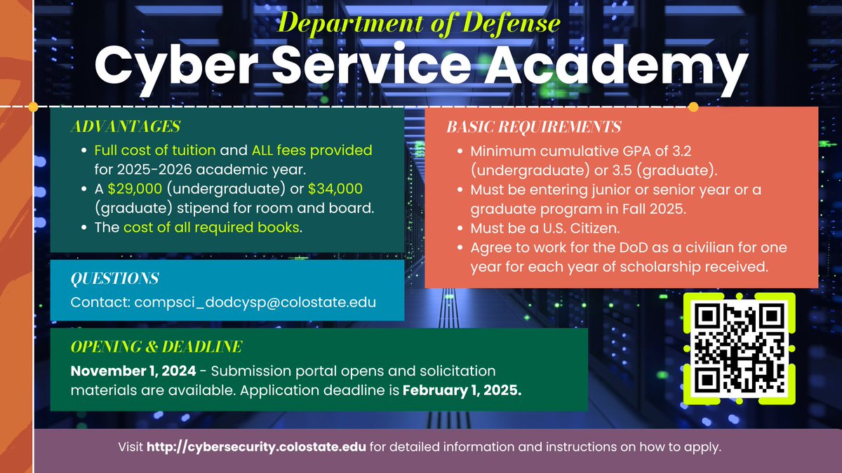 CSU College of Natural Sciences (@csunaturalsci) on Twitter photo Last Friday a full-ride scholarship opportunity provided by the <a href="/DeptofDefense/">Department of Defense πΊπΈ</a> opened up for undergraduate and master/doctoral students studying #cybersecurity and related fields in the 2025-26 academic year.π
Check it out and apply now!
col.st/hYbMe Last Friday a full-ride scholarship opportunity provided by the <a href="/DeptofDefense/">Department of Defense πΊπΈ</a> opened up for undergraduate and master/doctoral students studying #cybersecurity and related fields in the 2025-26 academic year.π
Check it out and apply now!
col.st/hYbMe