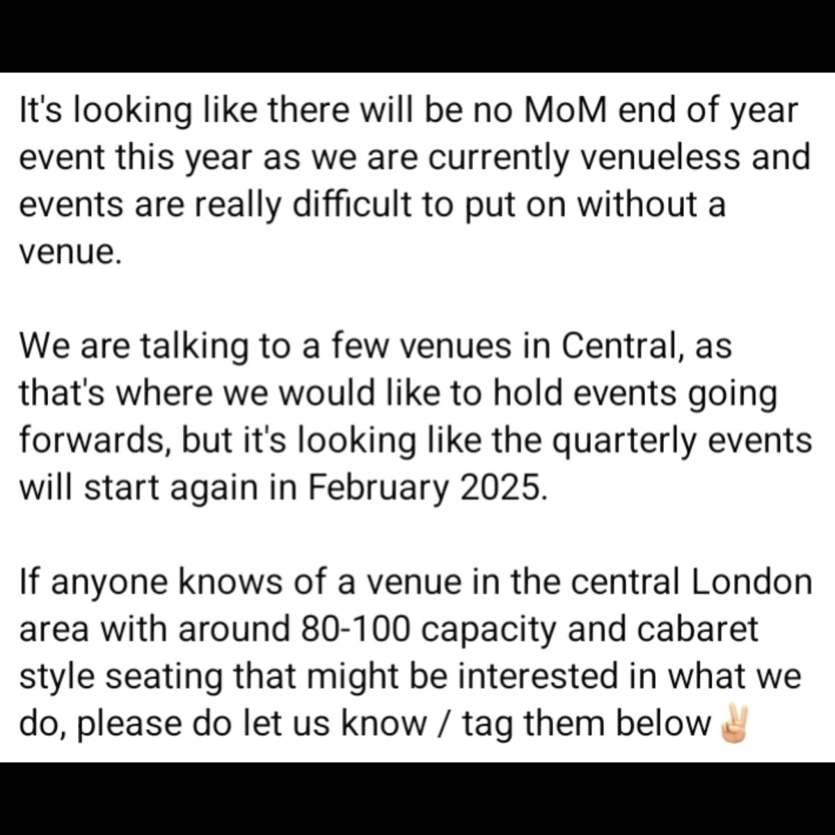 Fisky (@fiskyldn) on Twitter photo Any recommendations for a new home for <a href="/mindmatterldn/">Mind Over Matter Arts CIC (LDN)</a> very much appreciated. TIA ✌🏻
#venue #venuehire #London #centrallondon #venues #Venue101 Any recommendations for a new home for <a href="/mindmatterldn/">Mind Over Matter Arts CIC (LDN)</a> very much appreciated. TIA ✌🏻
#venue #venuehire #London #centrallondon #venues #Venue101