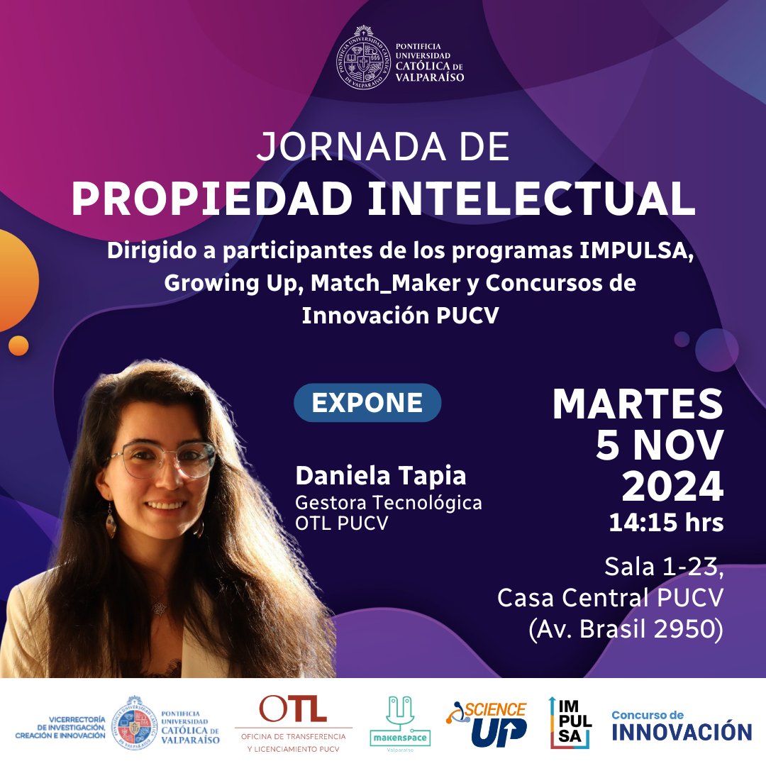 Este 5 de noviembre en Casa Central PUCV tendremos una jornada presencia de Propiedad Intelectual junto a programas de i+e PUCV 👏
¡Revisa tu bandeja de entrada e inscríbete!

Más detalles en la gráfica ↙️

#scienceup #ciencia2030