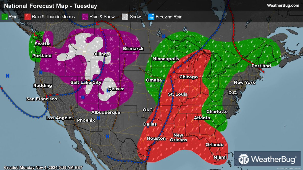 WeatherBug's tweet image. 🌦️ Tuesday’s Weather 🌦️

A cold front moves across the central U.S., bringing storms from the Mississippi Valley to Wisconsin and colder air with rain/snow in the Rockies. The East stays mild and mostly dry. #WeatherAlert #WeatherBug

Full Outlook: bit.ly/3pBGIXy
