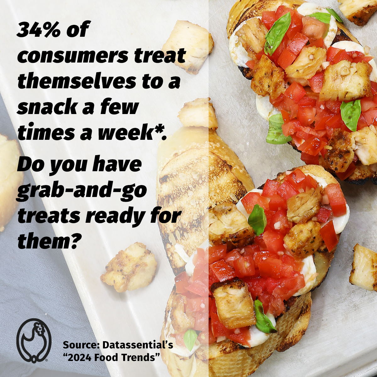 Time for a savory snack? Be ready when your customers are on the hunt for a little treat!

We used grilled, diced chicken breast for the perfect savory touch on this Cheesy Chicken Bruschetta.