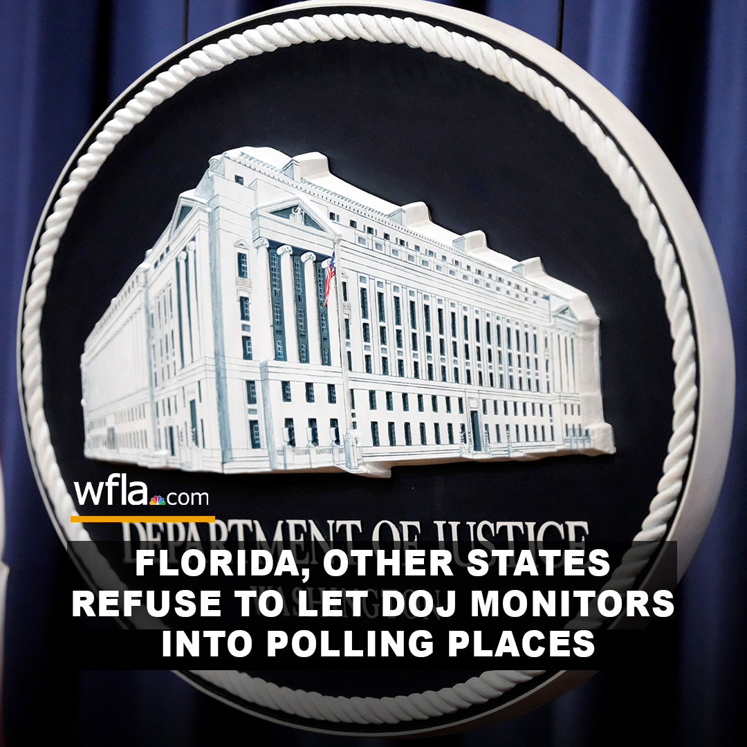 WFLA's tweet photo. ELECTION MONITORS BLOCKED: Florida and other Republican-led states say they will not let Justice Department election monitors into polling places on Election Day. Read more: https://t.co/u2pSBNpmpQ https://t.co/rYRnYYrP8D