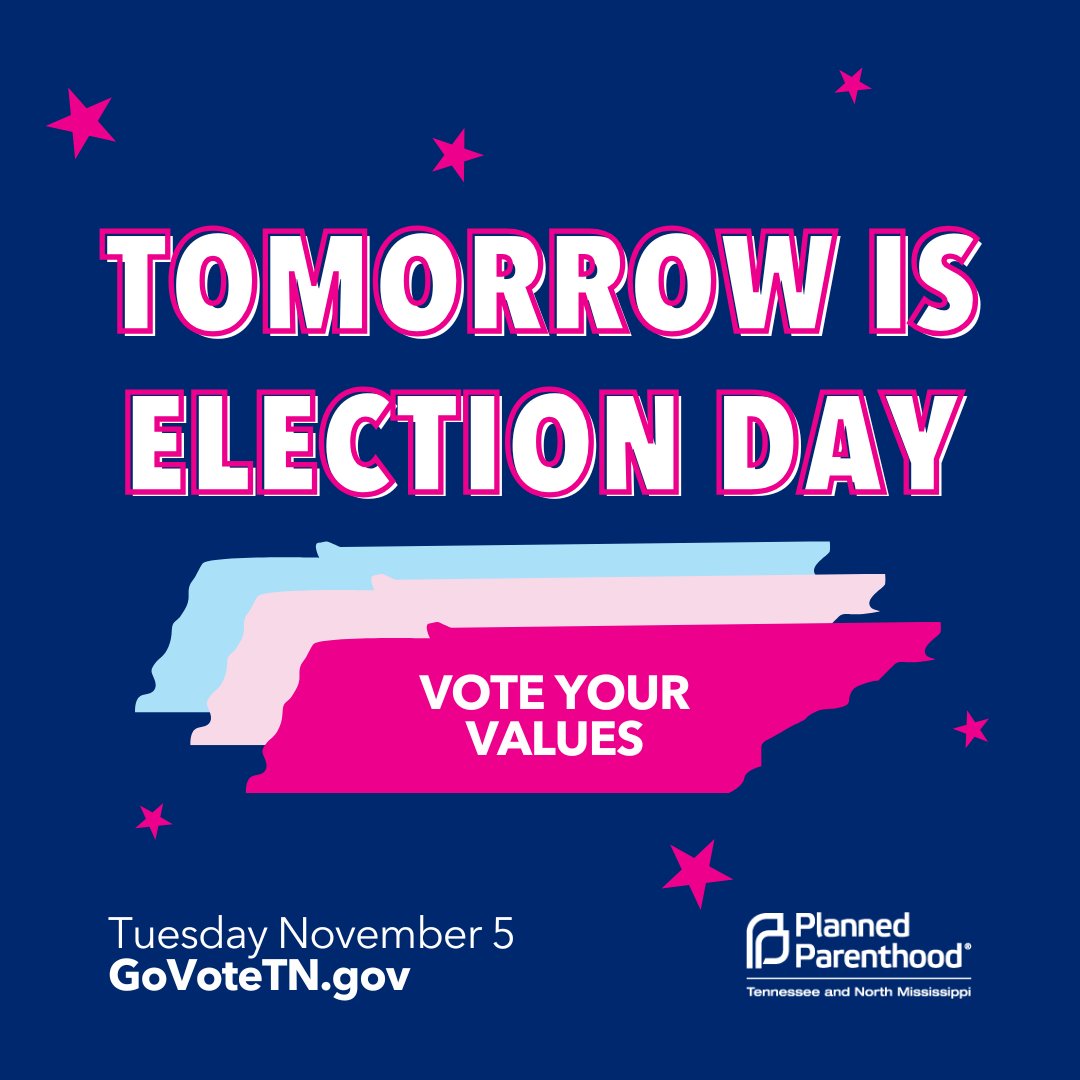 Tomorrow is the day, folks. There is a lot on the line: affordable health care, gun safety, public education, reproductive rights, livable wages, and much more. Make a plan, share with your friends, and #vote your values. Find your polling place at GoVoteTN.gov