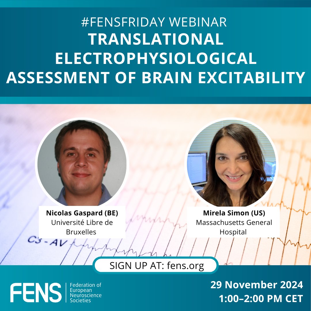 FENSorg's tweet image. Don&apos;t miss these talks at our next #FENS webinar 🧠✨

- The phenomenology and clinical use of EEG reactivity in man – Nicolas Gaspard
- Variability of nervous tissue excitability under certain physiological and pathological conditions – Mirela Simon
🔗 loom.ly/mRehxqE