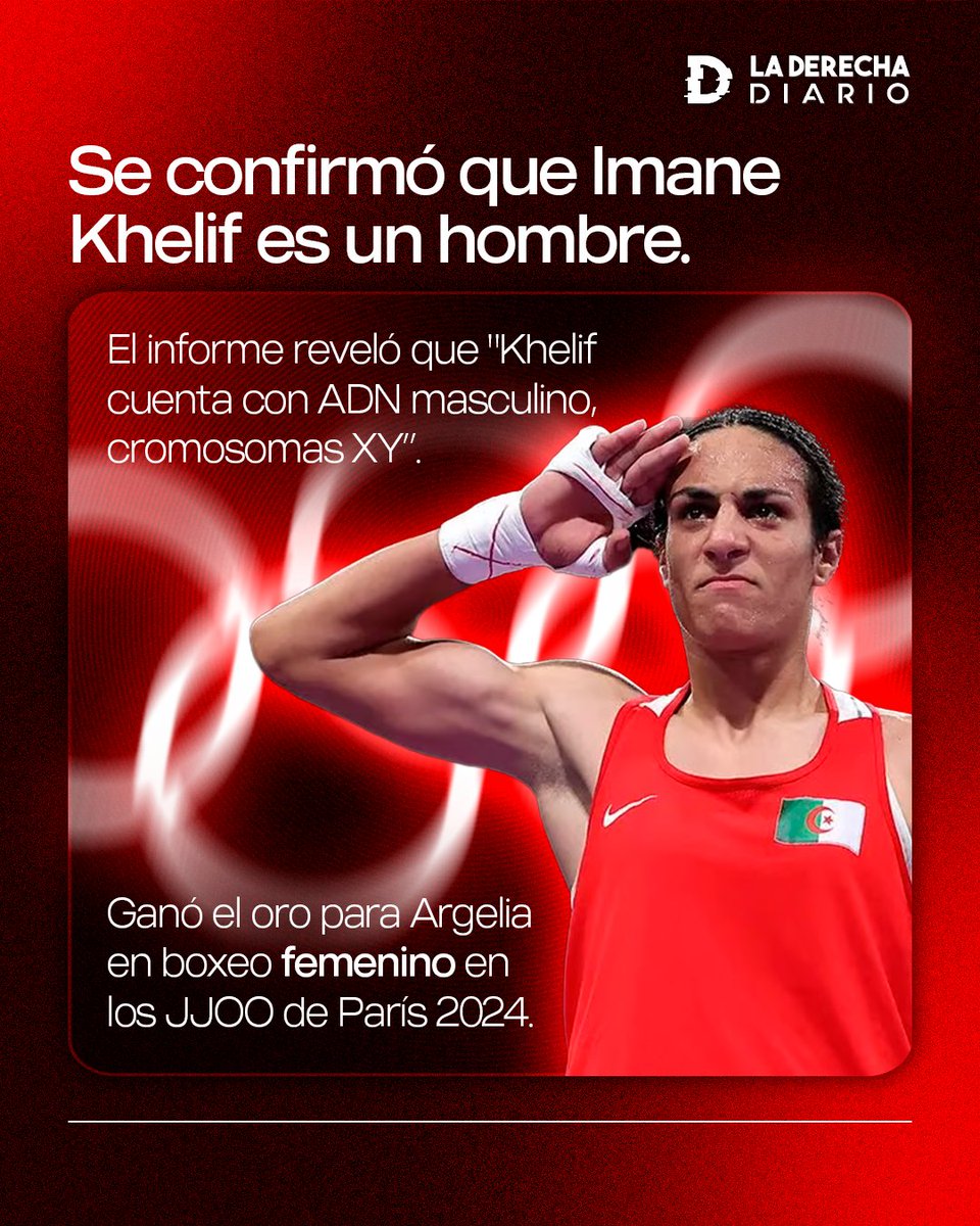 laderechadiario's tweet image. 🇫🇷🇩🇿 | #PRIMICIA Se confirmó que el ganador del oro olímpico en boxeo femenino, Imane Khelif, es un hombre que se hizo pasar por mujer.

De esta manera, queda confirmado que los Juegos Olímpicos de Paris 2024 autorizaron a que un hombre diera palizas a mujeres en televisión…