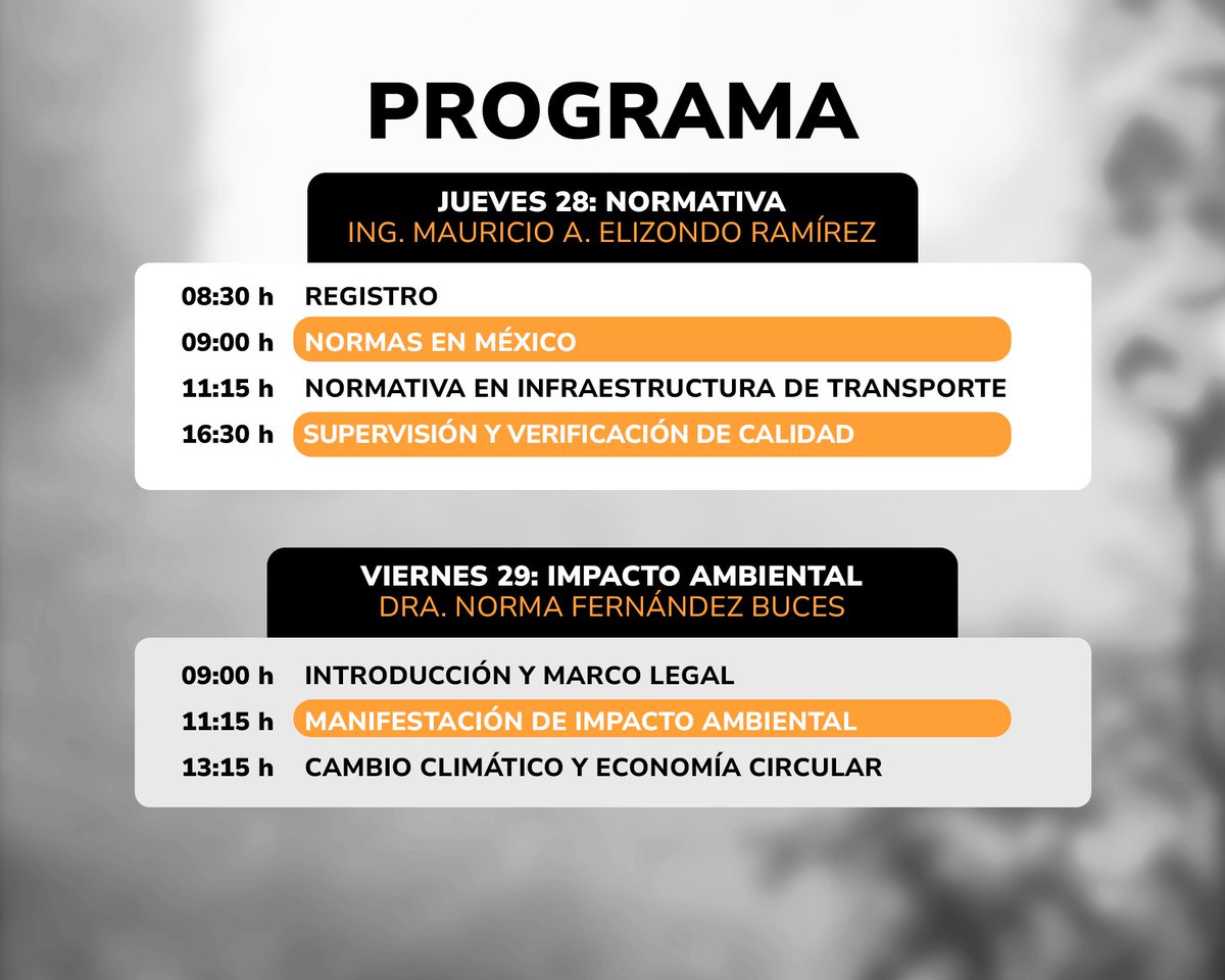 📅 ¡Curso de “Normativa, Legislación, Seguridad Vial e Impacto Ambiental” del 26 al 29 de noviembre en CDMX! Profundiza en obra pública, seguridad vial, normativa y medioambiente en 29 horas de capacitación.

📝 Presencial y en línea. ¡No te lo pierdas!