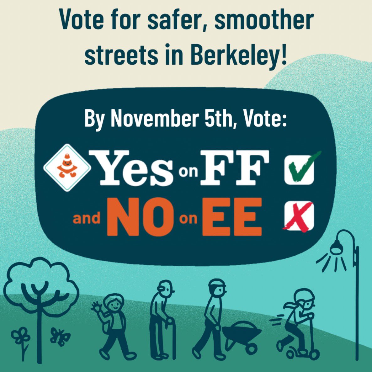 Hey Berkeley! Headed to the polls? Make sure to vote Yes on FF and No on EE for safer, smoother streets. 🗳️ Measure FF is the *only* measure that will improve or maintain streets and requires safety improvements to help reduce fatal and severe collisions.