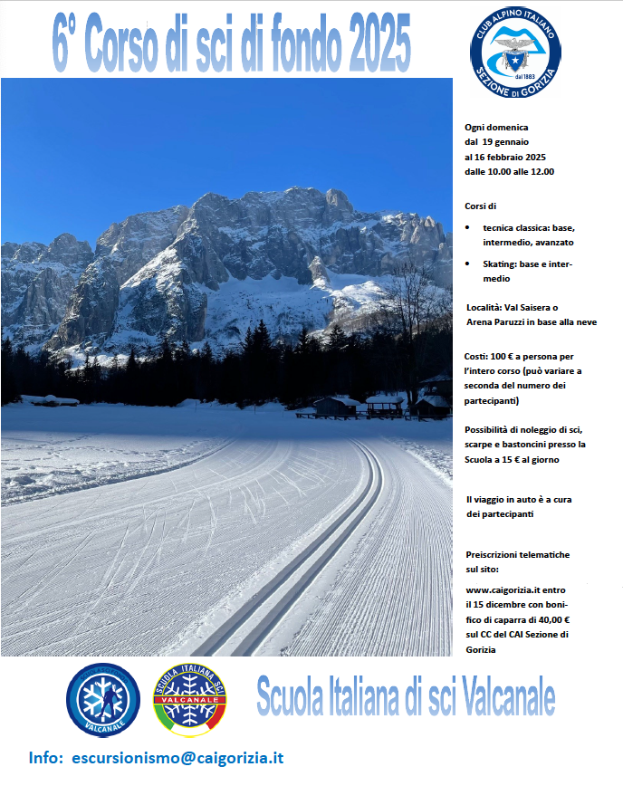 La Sezione CAI di Gorizia organizza un corso il "6° CORSO SCI DI FONDO 2025" con la collaborazione della "SCUOLA SCI DI FONDO VALCANALE".
Continua a leggere dal link sottostante ...
bit.ly/3YD4ekz