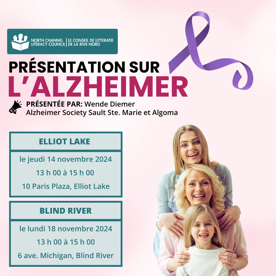 Joignez-vous à la présentation sur l'Alzheimer! Présentée par : Wende Diemer - Alzheimer Society Sault Ste. Marie et Algoma 🎤💜

Réservez votre place avec Nadia Houle au 705-461-6120 ou par courriel à nadia.houle@centrevictoria.ca. 📞✉️