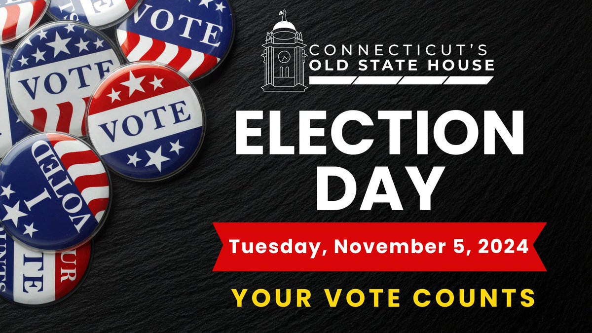 CTOldStateHouse's tweet photo. Election day is TOMORROW, Tue., Nov. 5. Questions about voting? Visit the CT Secretary of State website at https://t.co/cxCCGbviCh to get the OFFICIAL info you need. Issues on Election Day? Contact the Election Day Hotline at 1-866-733-2463 or email elections@ct.gov. #CTSOTS https://t.co/nSd95EwZBD