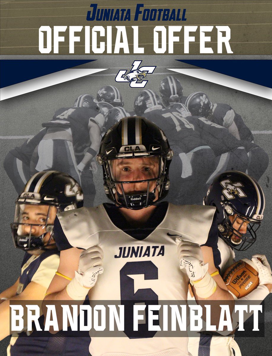Brandon Feinblatt (@brandonfeinblat) on Twitter photo After a great visit at Juniata This weekend I'm blessed to receive my first offer from <a href="/JuniataFootball/">Juniata College Football</a> !!! Thank you <a href="/CoachBaileyDL/">Demage’ Bailey</a> <a href="/LucPolglaze/">Coach Luc Polglaze</a> <a href="/CoachTreadJC/">Blake Treadwell</a> <a href="/CBruceHicks/">Coach Bruce Hicks</a>
<a href="/WeAreArundel/">Arundel Football</a> After a great visit at Juniata This weekend I'm blessed to receive my first offer from <a href="/JuniataFootball/">Juniata College Football</a> !!! Thank you <a href="/CoachBaileyDL/">Demage’ Bailey</a> <a href="/LucPolglaze/">Coach Luc Polglaze</a> <a href="/CoachTreadJC/">Blake Treadwell</a> <a href="/CBruceHicks/">Coach Bruce Hicks</a>
<a href="/WeAreArundel/">Arundel Football</a>