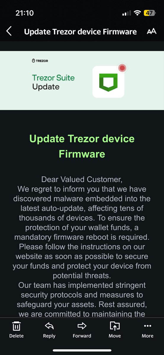 MikeD2g's tweet photo. @Trezor Had this email today! Anyone have something similar..?? #trezor team https://t.co/kjqZUoPJan