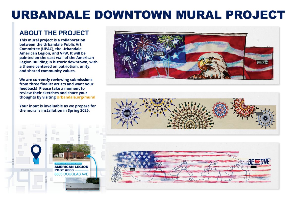 A mural is being planned for the east wall of the American Legion Building at 6805 Douglas Avenue, Urbandale. Share your feedback here: Urbandale.org/mural