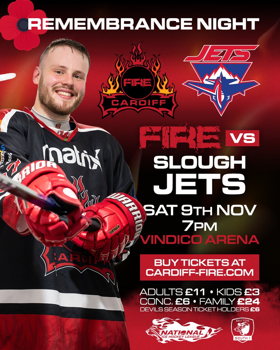 ✨🎟️ 𝗪𝗜𝗡 𝗜𝗖𝗘 𝗛𝗢𝗖𝗞𝗘𝗬 𝗧𝗜𝗖𝗞𝗘𝗧𝗦 🎟️✨

𝗟𝗶𝗸𝗲 &amp; 𝗥𝗲𝗽𝗼𝘀𝘁 this for your chance to win 2⃣ tickets to Saturday's Remembrance game versus Slough Jets at the Vindico Arena 🔥🏒

Comp closes Fri 12pm. T&amp;Cs below. Good luck!

Buy tickets 👉 bit.ly/Fire-Tickets