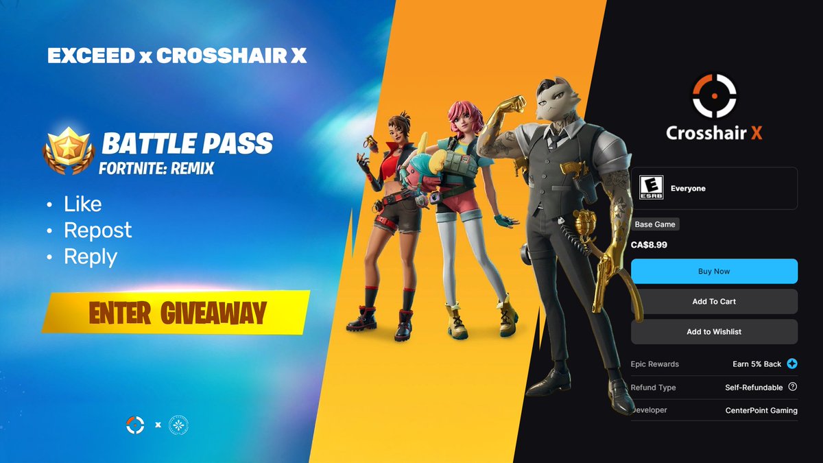 🎁 GIVEAWAY 🎁

Fortnite Remix is here and we’re giving away a CrosshairX Key &amp; Fortnite Battle Pass!

TO ENTER:
- Follow <a href="/exdhq/">Exceed</a> <a href="/CenterPointG/">Crosshair X</a> 
- Like &amp; Repost
- Tag a friend