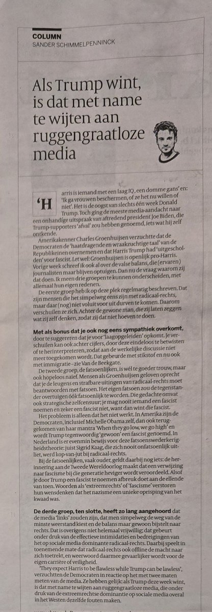 Ook de column van Sander Schimmelpenninck vandaag in de Volkskrant is het lezen meer dan waard. Terecht geeft hij de media een veeg uit de pan over de wijze waarop zij met radicaalrechts omgaan; zowel hier als in de VS. (2/2)