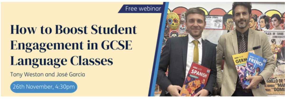 misterjgarcia's tweet photo. Dear MFL teachers in the UK, register now for this brand new, free webinar focusing on how to captivate your language learners' interest and maximise their engagement in your AQA GCSE class.
See you on Tuesday, 26th of November, @ 4.30 pm!
@OUPSecondary 
https://t.co/qSWVfxXicd https://t.co/uQzuXXrdhF