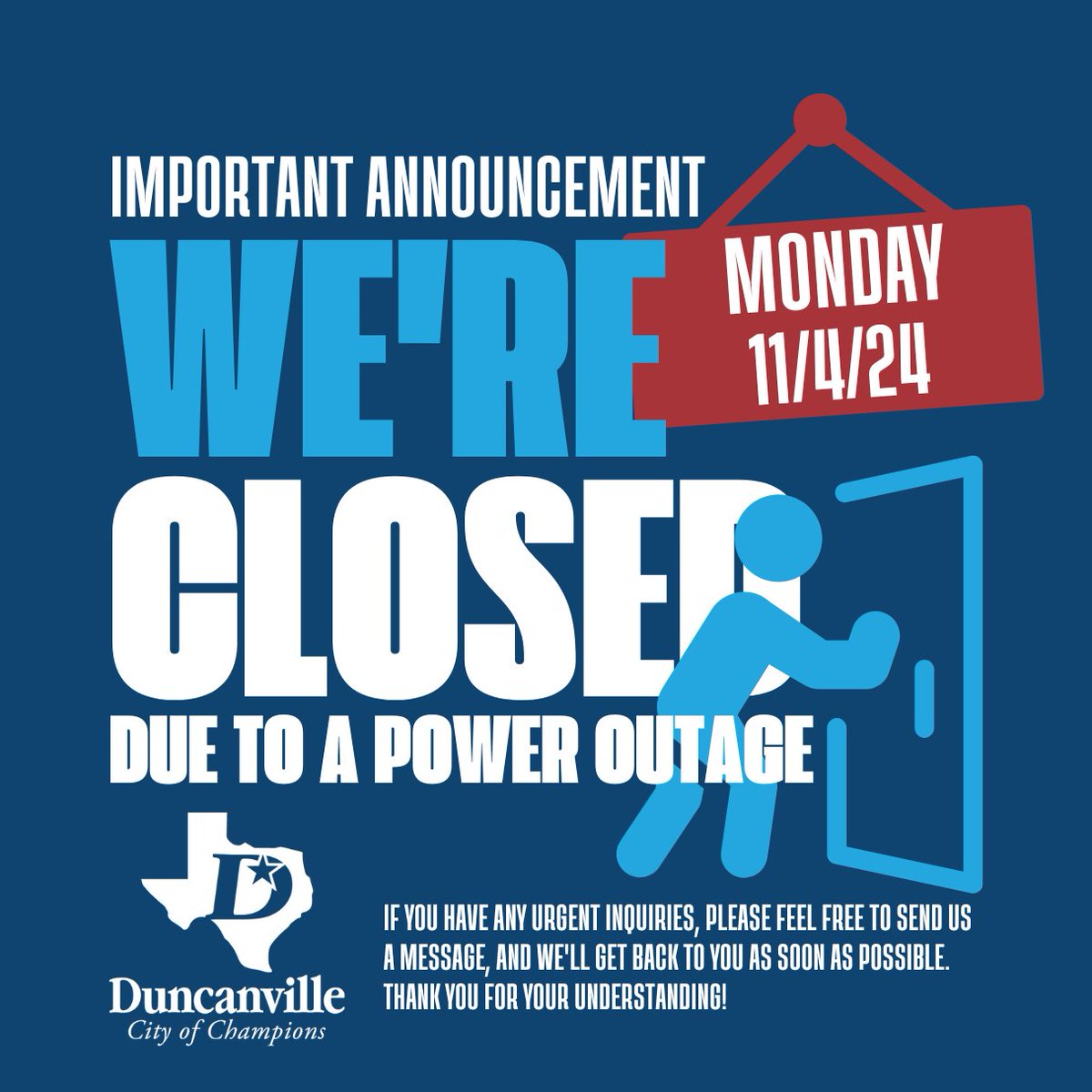Duncanville City Hall has closed early due to a power outage caused by today's storm. We will reopen at 8:00 AM on Tuesday, November 5, 2024. We apologize for any inconvenience.