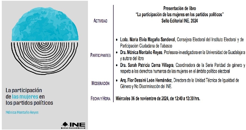 Este miércoles 6 de noviembre a las 12:40 hs (Méx) presentamos el 4to. libro de la serie #ParidaddeGénero y respeto a los #DDHH de las mujeres en el ámbito político en #México de la autoría de la Dra. Mónica Montaño y bajo mi coordinación académica. Serie editada por @inemexico