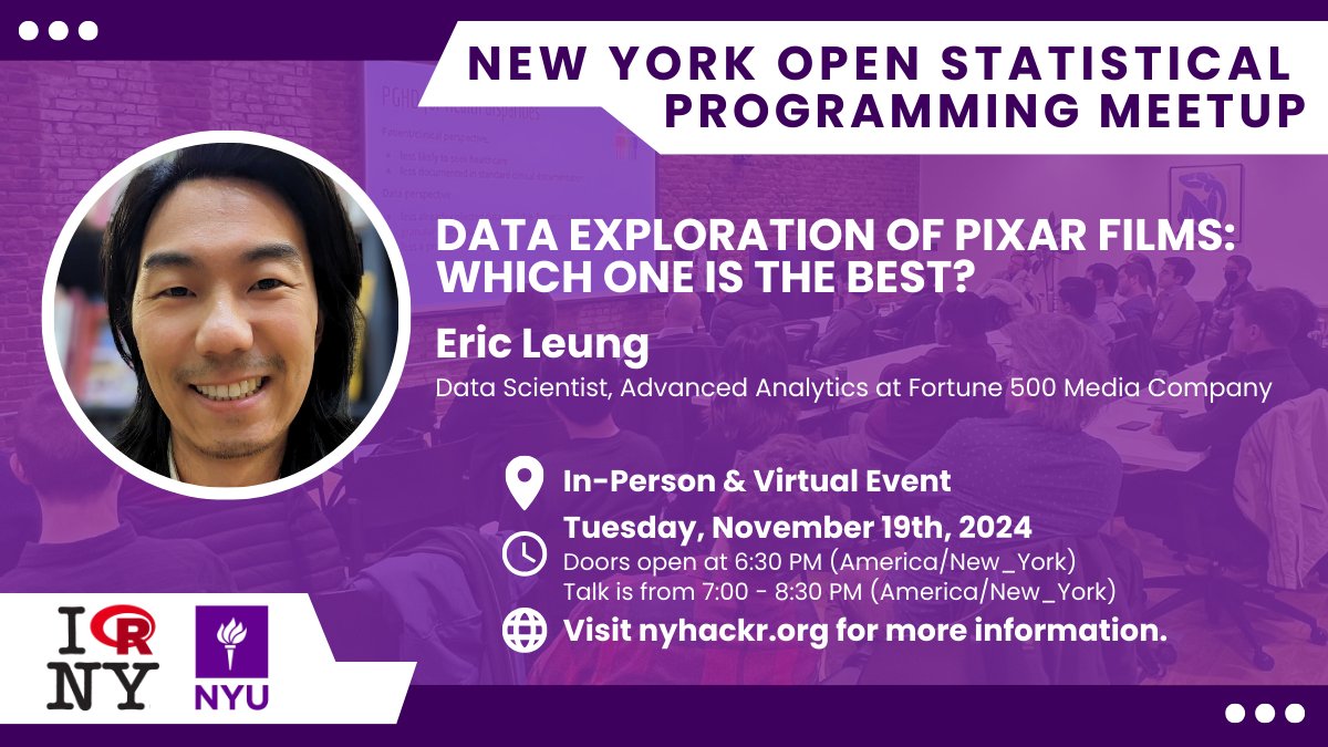 NYC Data Hackers (@nyhackr) on Twitter photo 👏Our next meetup is on Tuesday, November 19th with <a href="/erictleung/">Eric Leung 梁挺亮</a>, who will talk about data exploration of Pixar films! 🎥
📍In-Person at NYU & Virtually Online at 7 PM (ET)
🙋♀️RSVP now ➡️ nyhackr.org
Thanks <a href="/NYU_PRIISM/">NYU PRIISM Center</a> for hosting!
#rstats 👏Our next meetup is on Tuesday, November 19th with <a href="/erictleung/">Eric Leung 梁挺亮</a>, who will talk about data exploration of Pixar films! 🎥
📍In-Person at NYU & Virtually Online at 7 PM (ET)
🙋♀️RSVP now ➡️ nyhackr.org
Thanks <a href="/NYU_PRIISM/">NYU PRIISM Center</a> for hosting!
#rstats