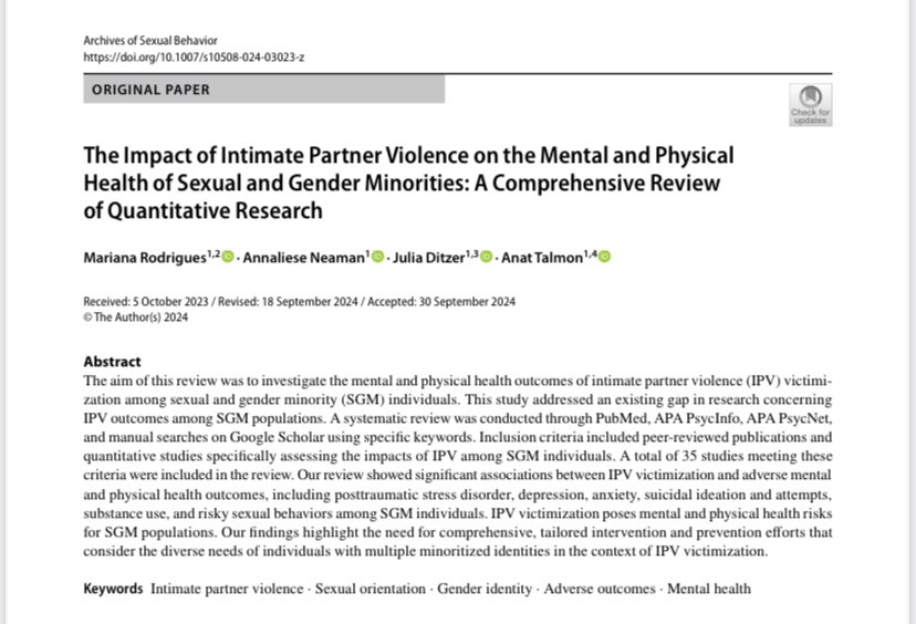 🚨New pub alert! I’m happy to share this article w/ my amazing colleagues @AnnalieseNeaman @julia__ditzer and supervisor Dr. Talmon. There’s an urgent need for comprehensive, tailored prevention and intervention efforts in the context of IPV victimization. link.springer.com/article/10.100…