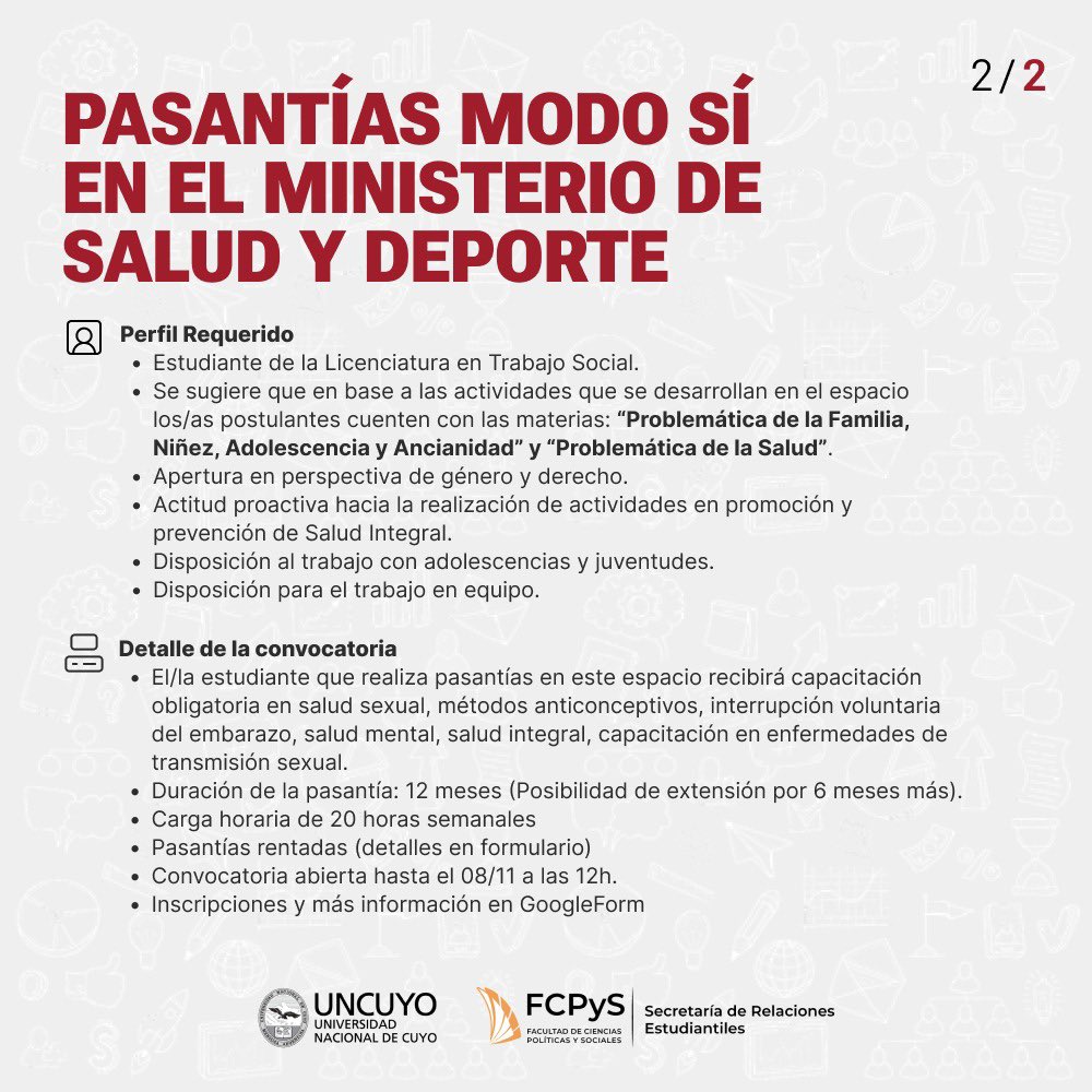 📝 Se convoca a estudiantes de la Licenciatura en Trabajo Social para realizar pasantías en Modo Sí del Ministerio de Salud y Deportes. 

📅 La convocatoria estará abierta hasta el 8/11 a las 12h.
📲 Inscripciones a través de: bit.ly/PasantiasModoS…