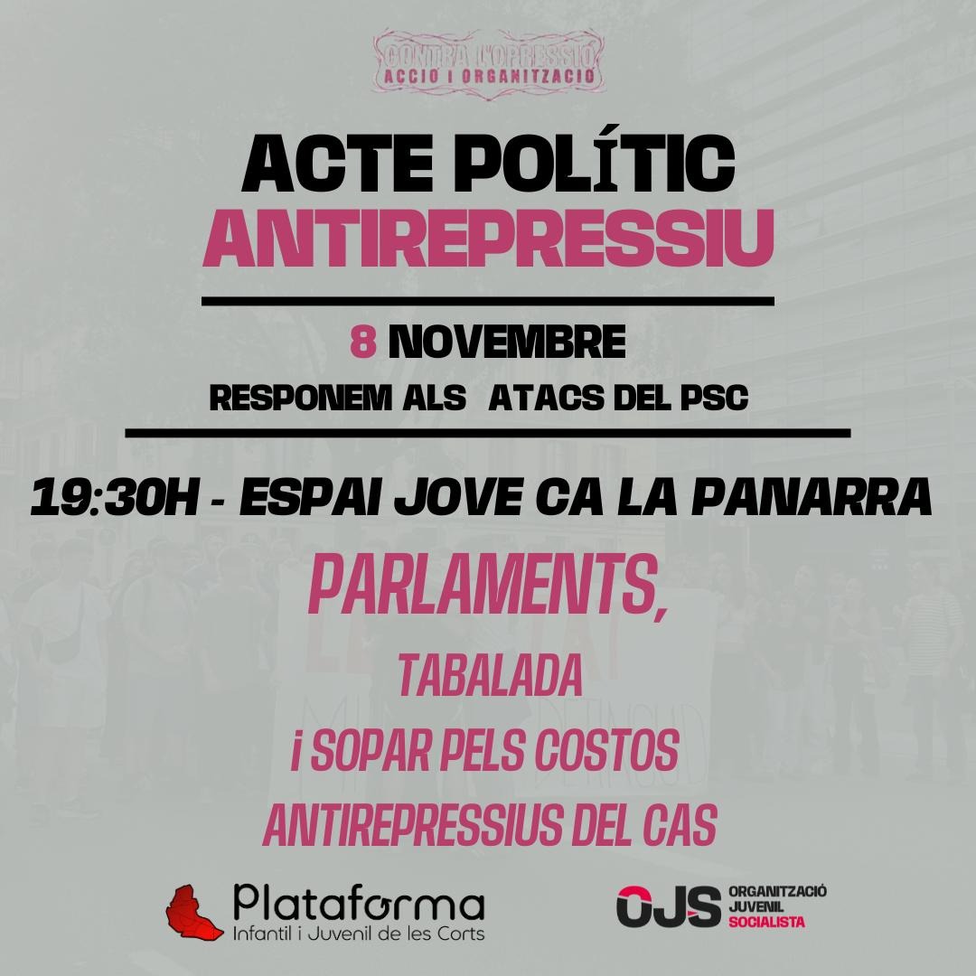 OJS_SantsLC's tweet photo. 🔴 ACTE POLÍTIC ANTIREPRESSIU 

Fa unes setmanes, juntament amb la Plataforma Infantil i Juvenil de Les Corts vam patir un fort desplegament policial durant la festa major jove. 

L'actuació policial va deixar 15 ferits i una militant detinguda. https://t.co/wpV7qY5DLE