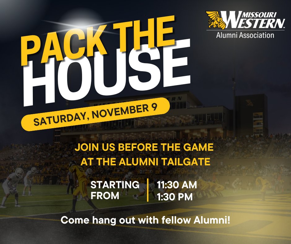 Come join us this Saturday from 11:30 am - 1:30 pm at the Alumni Tailgate!

This Saturday we are going to Pack the House and fill our stands with nothing but Black and Gold as our Griffons take on the Bearcats!

We hope to see you there!
🖤💛

#MWSUAlumni #GriffonProud #GoGriffs