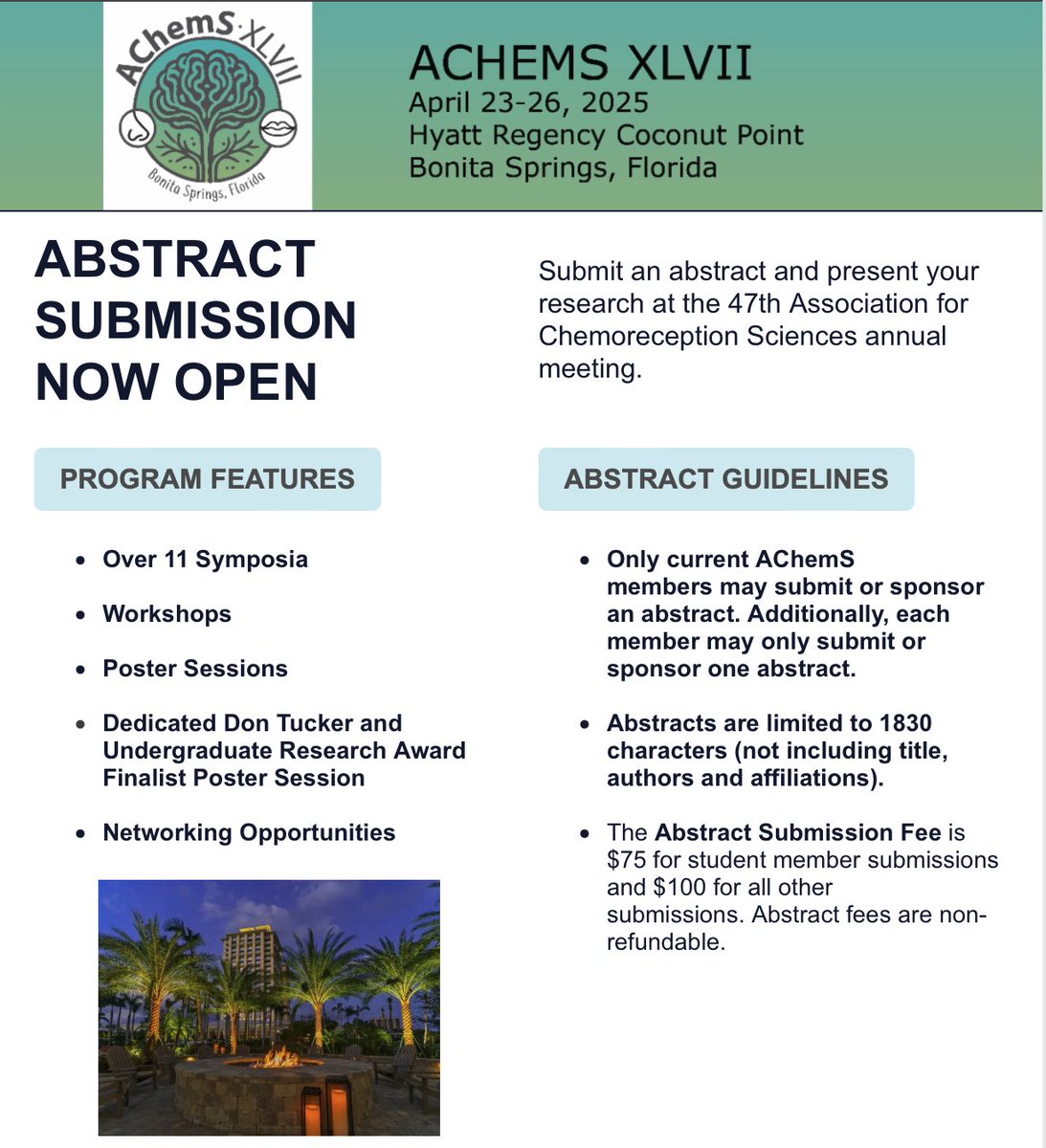 #AChemS2025 ABSTRACT SUBMISSION NOW OPEN! Submit an abstract and present your research at the preeminent international chemosensory meeting achems.org/2025/