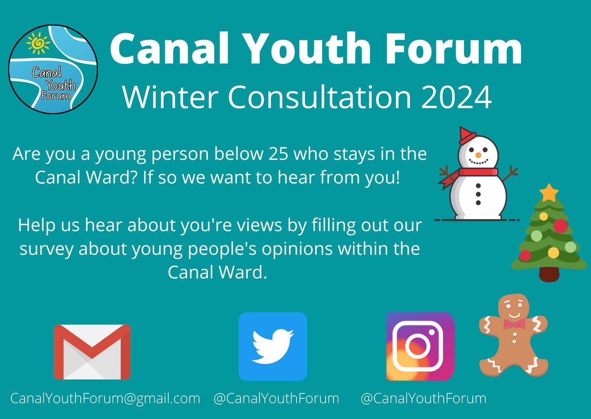 Are you a young person below 25 who stays in the Canal Ward? If so we want to hear from you! 🎄🎅

Help us hear about you're views by filling out our survey about young people's opinions within the Canal Ward.

Fill out the survey here - smartsurvey.co.uk/s/MRWXAV/