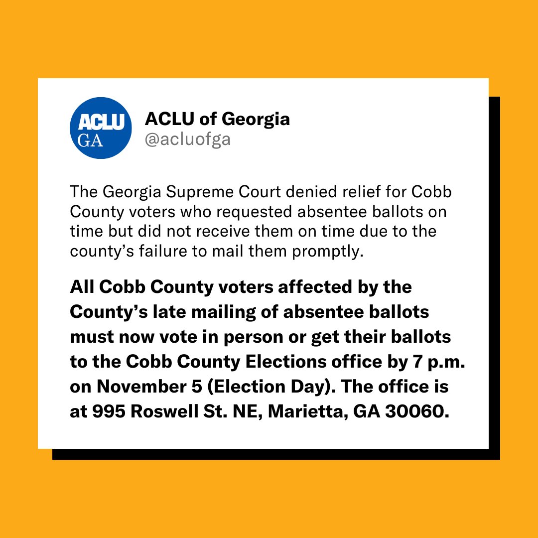We urge all voters to prioritize voting in person on Election Day, November 5, 2024, if at all possible. If a voter has their absentee ballot but cannot vote in person on Election Day, they should hand deliver that ballot to their county elections office as soon as possible.