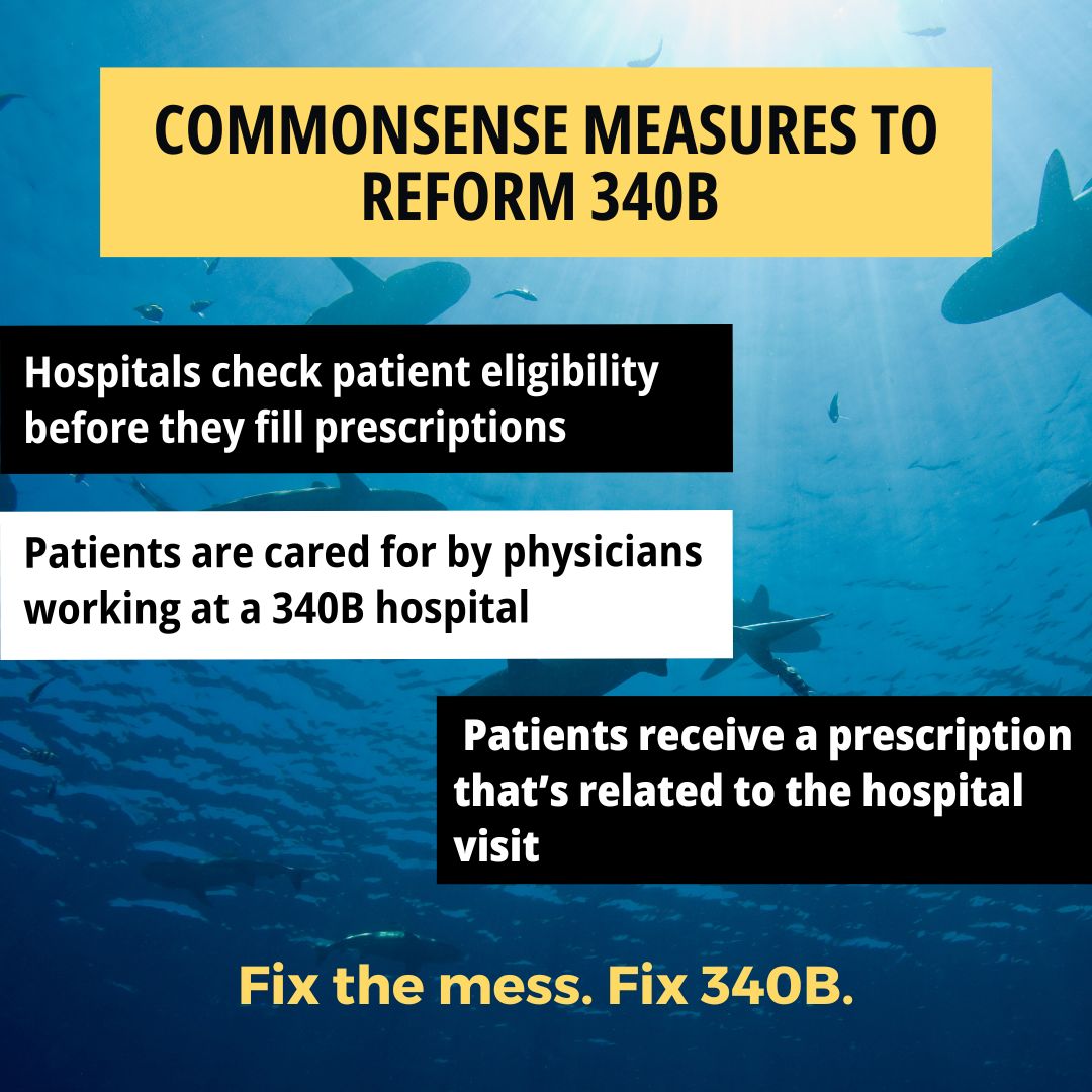 GovWaste's tweet photo. Commonsense measures to keep 340B discounts in the communities they're meant to serve:
➡️Hospitals check patient eligibility before filling prescriptions
➡️Patients cared for by physicians working at the eligible hospital
➡️Patients receive a prescription related to the hospital visit