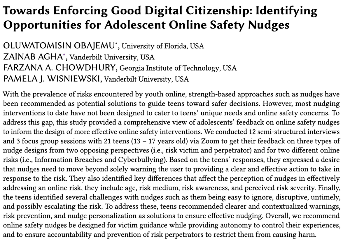 StirLab's tweet photo. Towards Enforcing Good Digital Citizenship: Identifying Opportunities for Adolescent Online Safety Nudges

Authors: @OluwatomisinObj , @zainabagha_ , Farzana A. Chowdhury, and @pamwis 

📅 Nov 11, 2024

🕒 14:30 – 16:00 | Session 3d: Teens in the Digital Age: Safety, Creativity.. https://t.co/x89Mh72Vzy