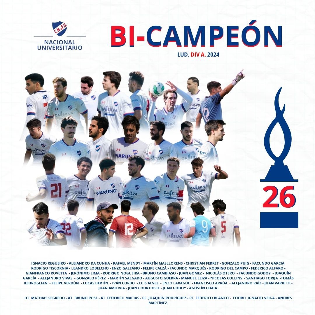 ¡BI-CAMPEONEEES 2024!

OTRO TÍTULO GIGANTE, 
OTRO TÍTULO A LO NACIONAL UNIVERSITARIO.

SIMPLEMENTE GRACIAS JUGADORES !!

🏆26🏆