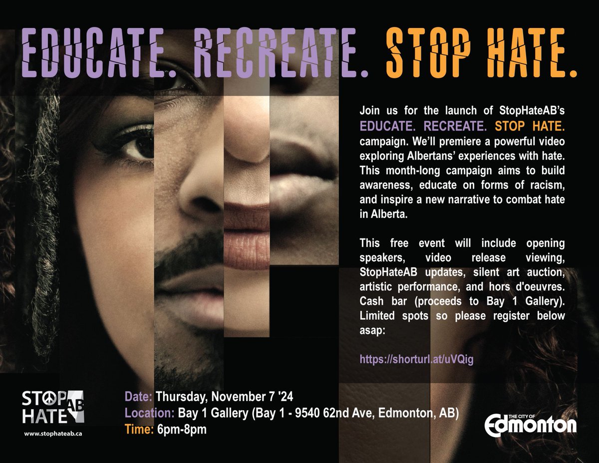 Just days away! Join StopHateAB’s EDUCATE.RECREATE.STOPHATE. campaign launch to help build a hate-free Alberta. 

Hear real stories, enjoy inspiring speakers, a silent auction, live performances &amp; hors d’oeuvres.

📅 Reserve your spot: lnkd.in/gVQzrVQQ

#yeg #alberta