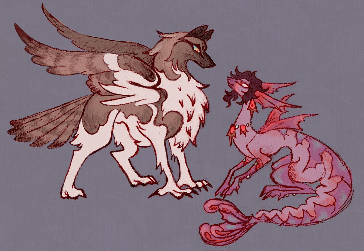also Osprey and Lilian's fursonas 🧡 Osprey is, well, an osprey-dog. and Lilian is a sphynx-shrimp. 
definitely a strong prey drive here...