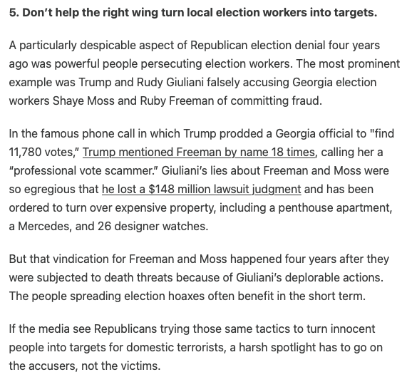 NewsJennifer's tweet photo. Here are smart guidelines for journalists to follow when election results start coming in.  Each one  is designed to keep MAGA lies from spreading while votes are counted.  Credit to @MarkJacob16 for putting this together ⤵️  Read/share.
https://t.co/EpiBWTb48g https://t.co/3UtesT4vFE