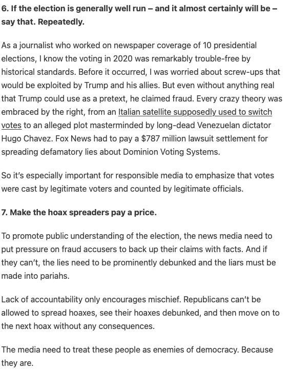 NewsJennifer's tweet photo. Here are smart guidelines for journalists to follow when election results start coming in.  Each one  is designed to keep MAGA lies from spreading while votes are counted.  Credit to @MarkJacob16 for putting this together ⤵️  Read/share.
https://t.co/EpiBWTb48g https://t.co/3UtesT4vFE