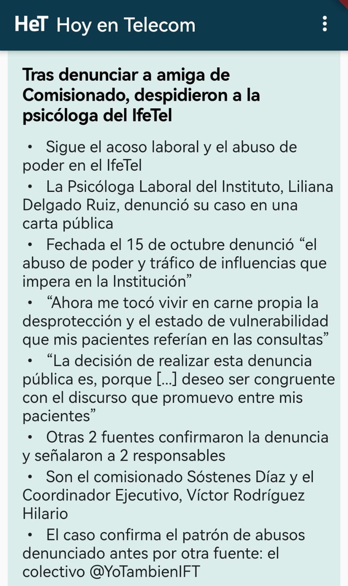 HoyenTelecom's tweet photo. .OJO #Headhunterstelecom
¿ESTE ES EL LIDERAZGO QUE BUSCAN?
@JuarezMojica, @ArturoRobles_R, @RamiroCamacho67 y @SDiazG

Tras denunciar a amiga de Comisionado, despidieron a otra mujer, ahora hasta la  psicóloga de @IFT_Mx

Opacidad y abuso poder

Confirma denuncias  @YoTambienIFT https://t.co/GWziz18wUa