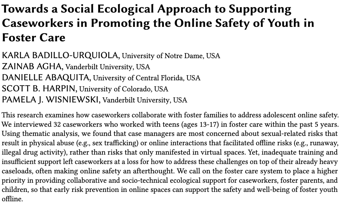 StirLab's tweet photo. Towards a Social Ecological Approach to Supporting Caseworkers in Promoting the Online Safety of Youth in Foster Care

Authors: @kbadillou @zainabagha_ Danielle Abaquita, Scott B. Harpin, and @pamwis 

📅 Nov 13, 2024

🕒 9:00 – 10:30 | Session 1c: Care for the Caregivers https://t.co/cqgdisnWt7